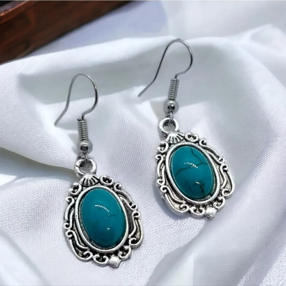 Western Turquoise Oval Beaded Silver Dangle Earrings Bohemian Tribal Jewelry